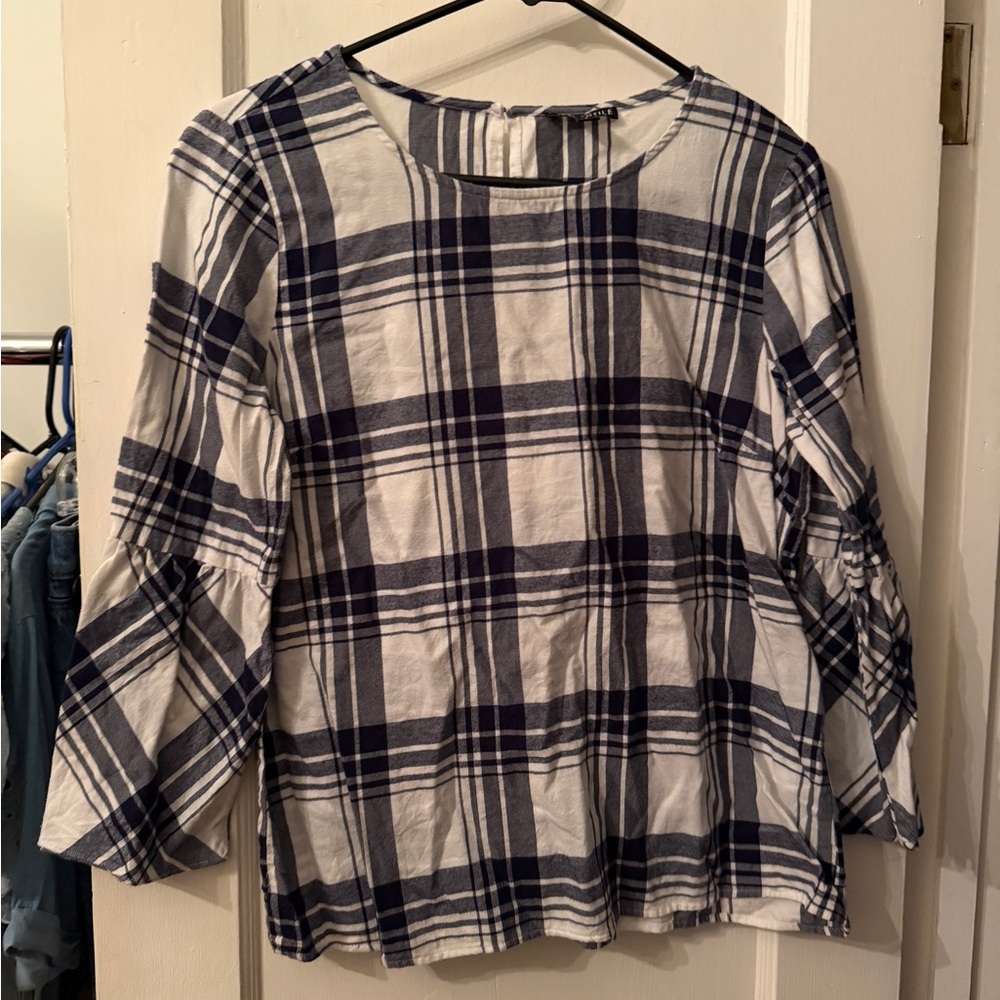 J Crew Plaid Bell Sleeve Top in Navy and White